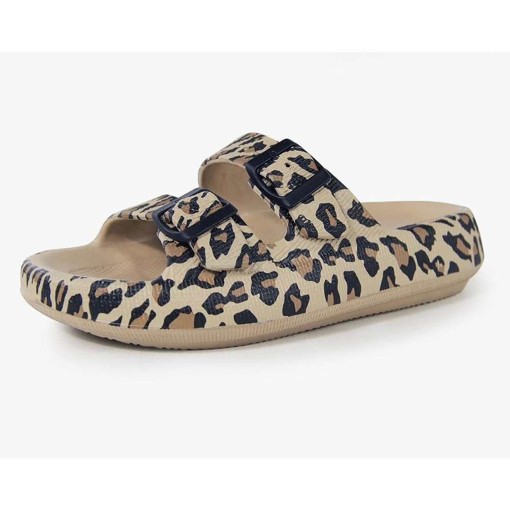 NEW Leopard Print Adjustable Buckle Sandals Slides Comfort Non Slip‎ Size 10